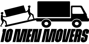 Black and white logo of 10 Men Movers, representing a trusted moving company in Nebraska.