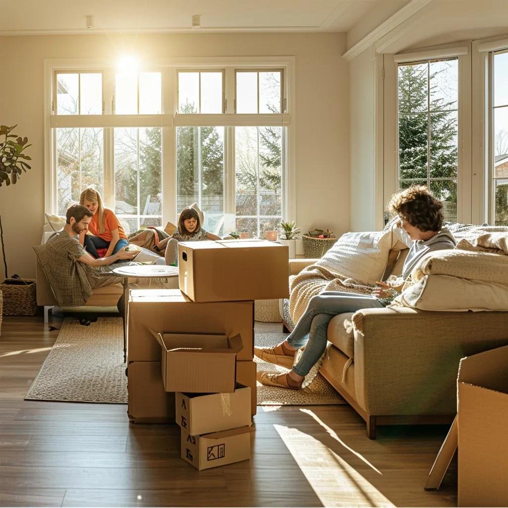 Family unpacking boxes in a bright, welcoming Omaha home, emphasizing the joy of settling in