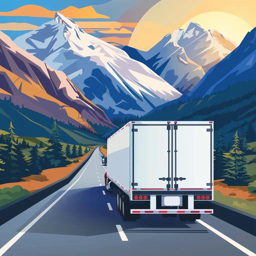 Long distance moving truck on a highway with mountains in the background