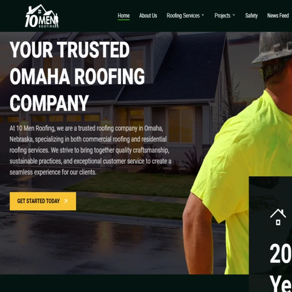 Homepage preview of 10 Men Roofing’s website showing their slogan ‘Your Trusted Omaha Roofing Company’ alongside a house exterior, with text highlighting their commercial and residential roofing expertise, focus on quality craftsmanship, sustainable practices, and exceptional customer service.