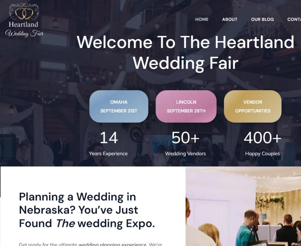 Getting married? Homepage preview of Heartland Wedding Fair showing event dates, venue highlights, and vendor categories for engaged couples planning weddings in Nebraska.
