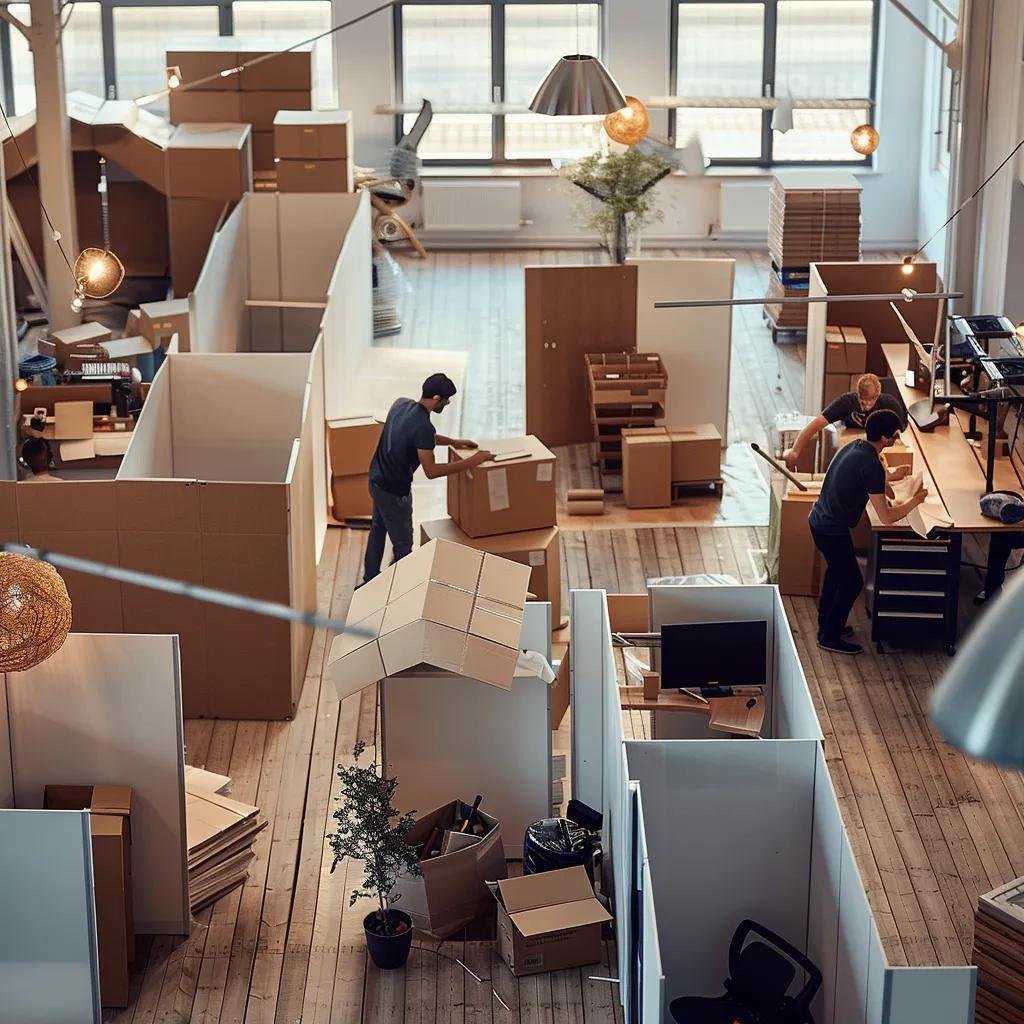 Team of movers disassembling office cubicles, showcasing teamwork and efficiency in a commercial setting