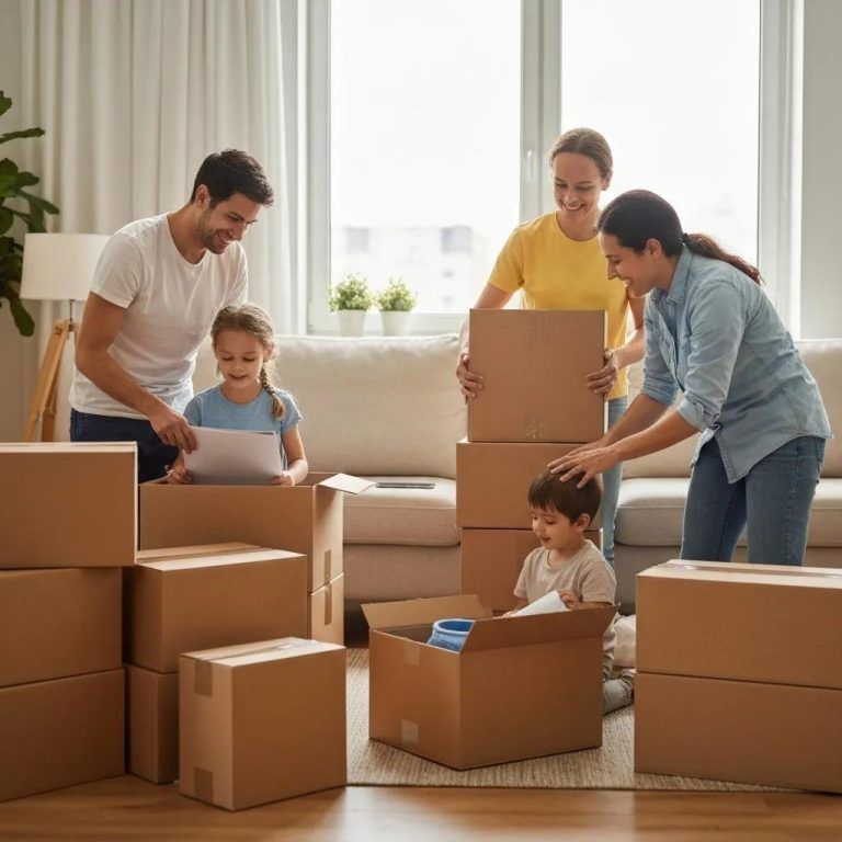 Family packing for a long-distance move in Omaha, showcasing excitement and organization