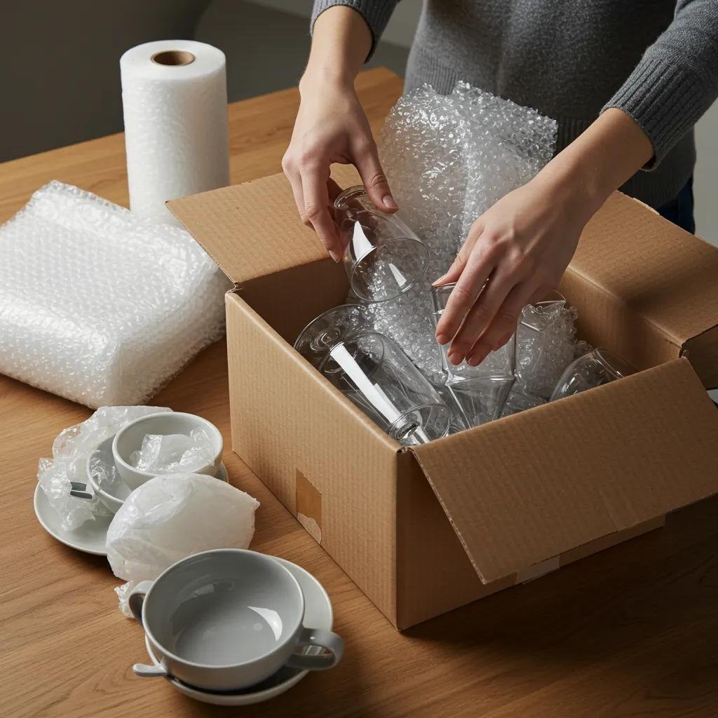 Person packing fragile glassware and ceramics with bubble wrap and packing paper
