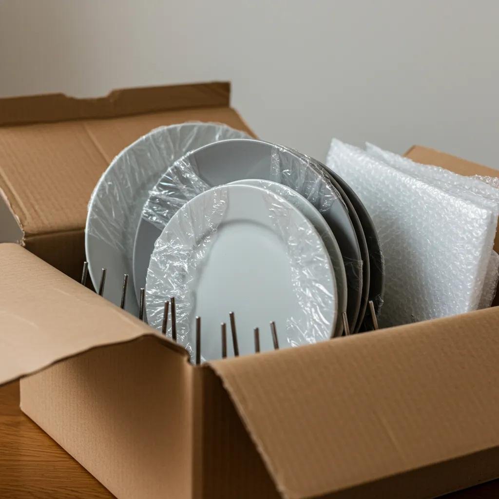 Step-by-step packing of fragile kitchenware with plates and glasses