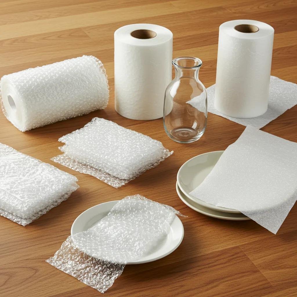 Variety of packing materials including bubble wrap and foam sheets for fragile items