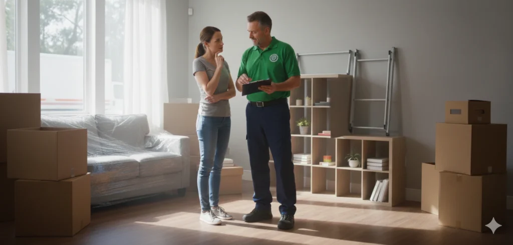 Moving consultant discussing services with a customer in a partially packed living room, surrounded by moving boxes, emphasizing personalized moving solutions and transparent pricing.